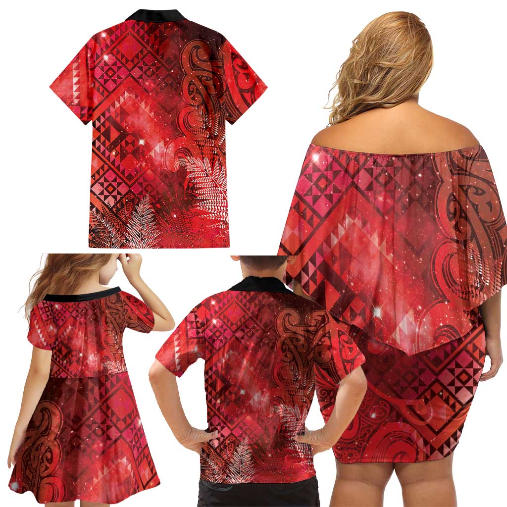 Aotearoa Taniko Matariki Family Matching Off Shoulder Short Dress and Hawaiian Shirt Cosmic Red LT7 - Polynesian Pride