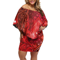 Aotearoa Taniko Matariki Family Matching Off Shoulder Short Dress and Hawaiian Shirt Cosmic Red LT7 Mom's Dress Red - Polynesian Pride