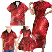 Aotearoa Taniko Matariki Family Matching Short Sleeve Bodycon Dress and Hawaiian Shirt Cosmic Red LT7 - Polynesian Pride
