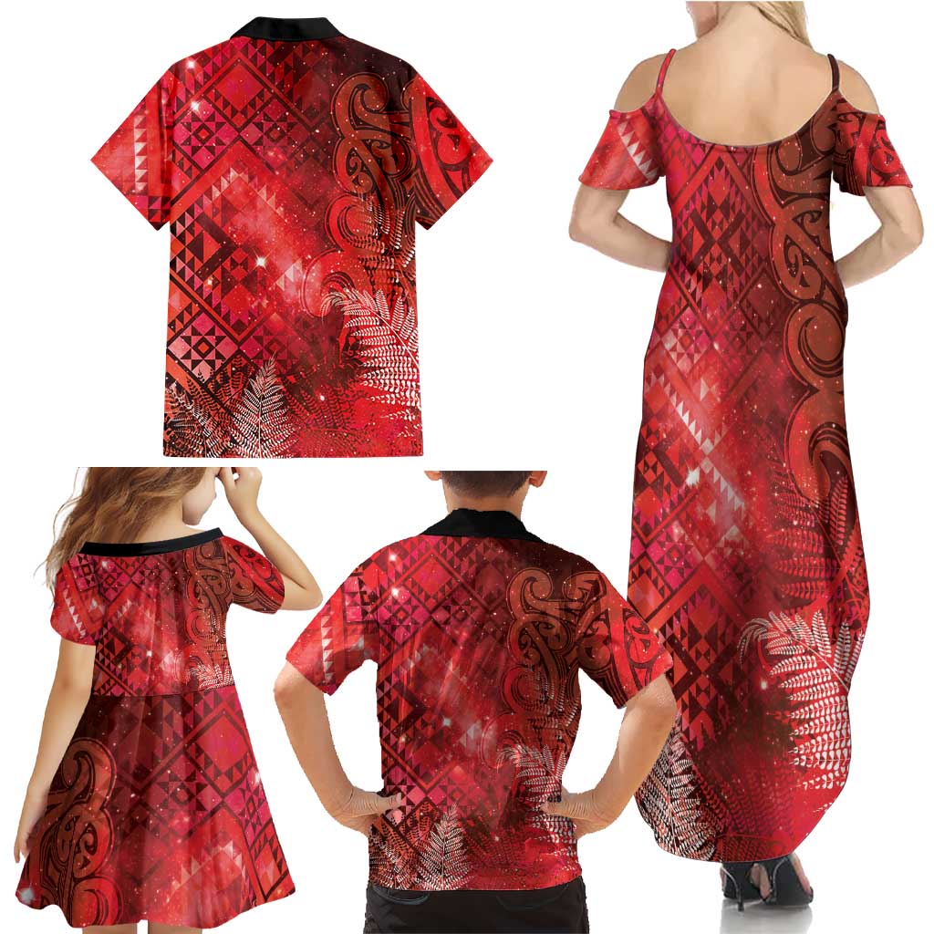 Aotearoa Taniko Matariki Family Matching Summer Maxi Dress and Hawaiian Shirt Cosmic Red LT7 - Polynesian Pride