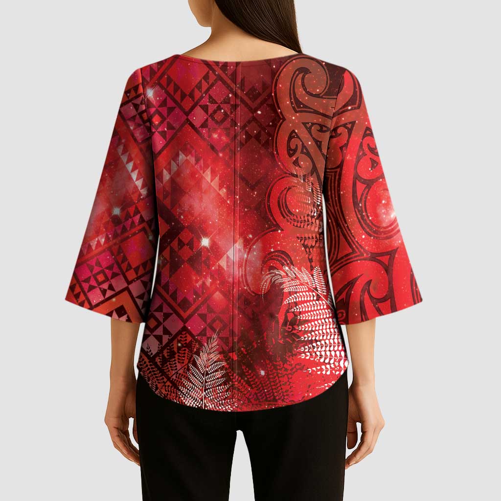 Aotearoa Taniko Matariki Kimono Sleeve Blouse Cosmic Red
