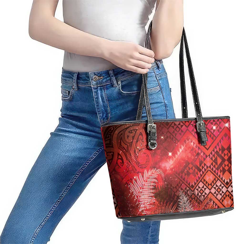 Aotearoa Taniko Matariki Leather Tote Bag Cosmic Red