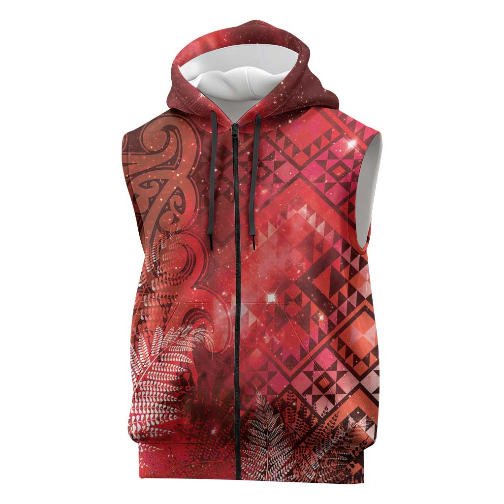 Aotearoa Taniko Matariki Sleeveless Zip Hoodie Cosmic Red LT7 Red - Polynesian Pride