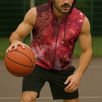 Aotearoa Taniko Matariki Sleeveless Zip Hoodie Cosmic Red LT7 - Polynesian Pride