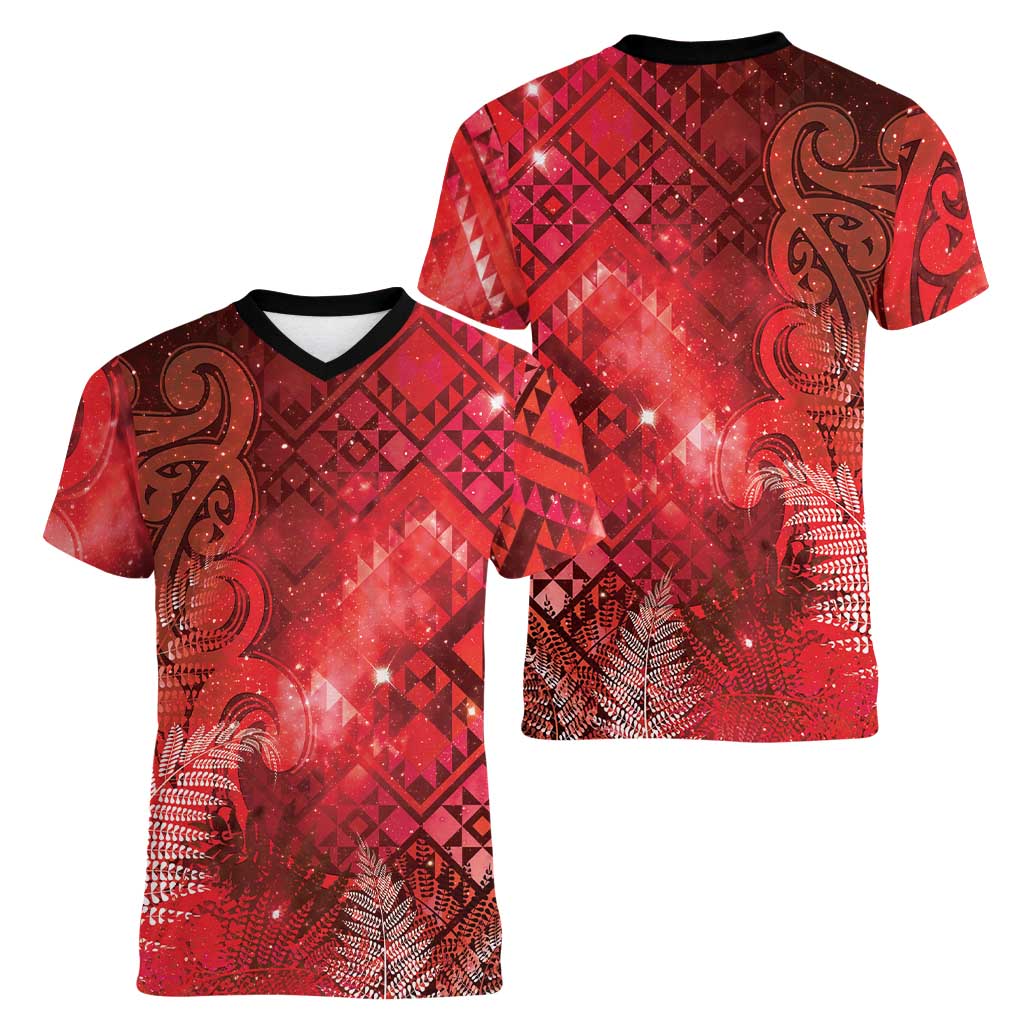 Aotearoa Taniko Matariki Women V-Neck T-Shirt Cosmic Red