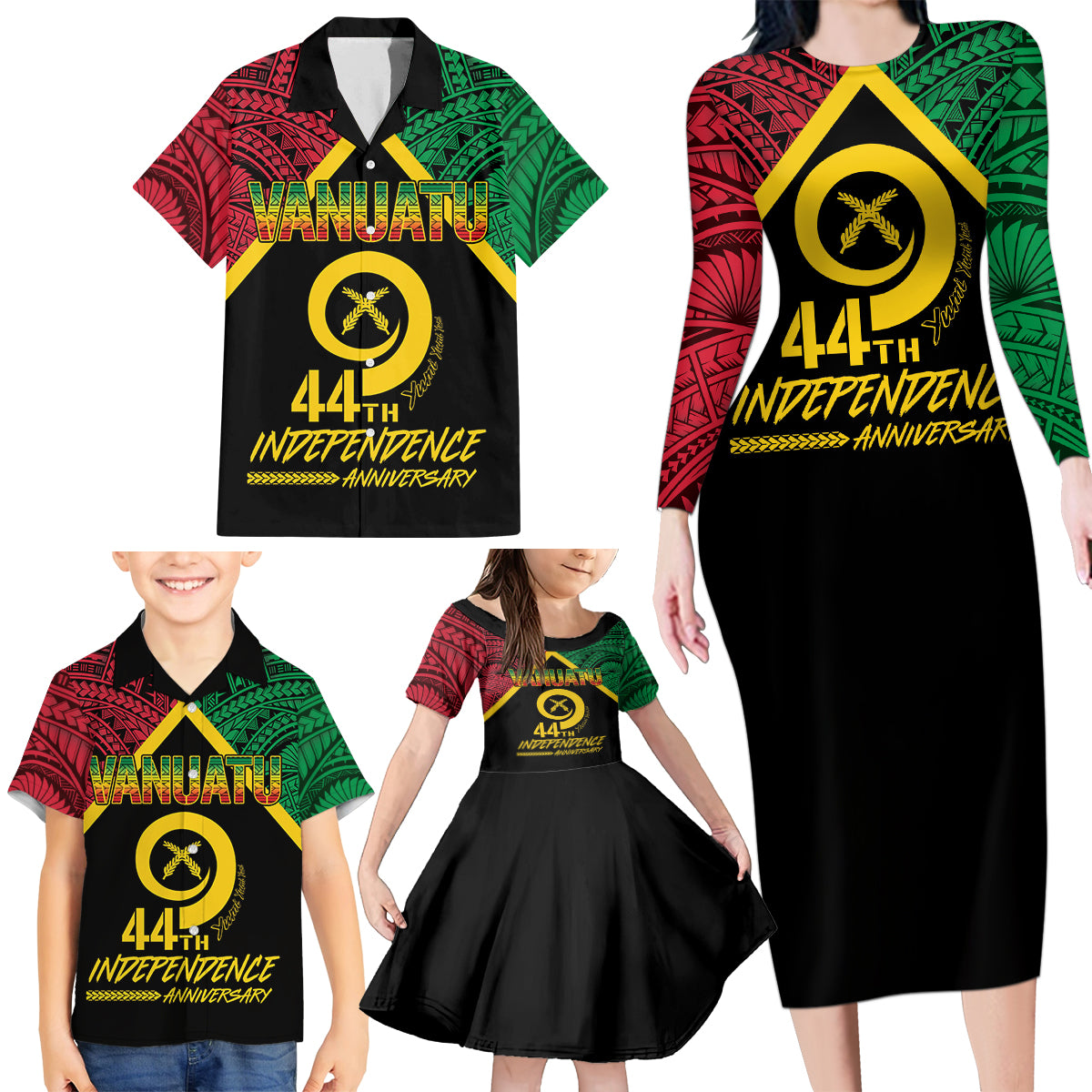Vanuatu 44th Independence Anniversary Family Matching Long Sleeve Bodycon Dress and Hawaiian Shirt LT7 - Polynesian Pride