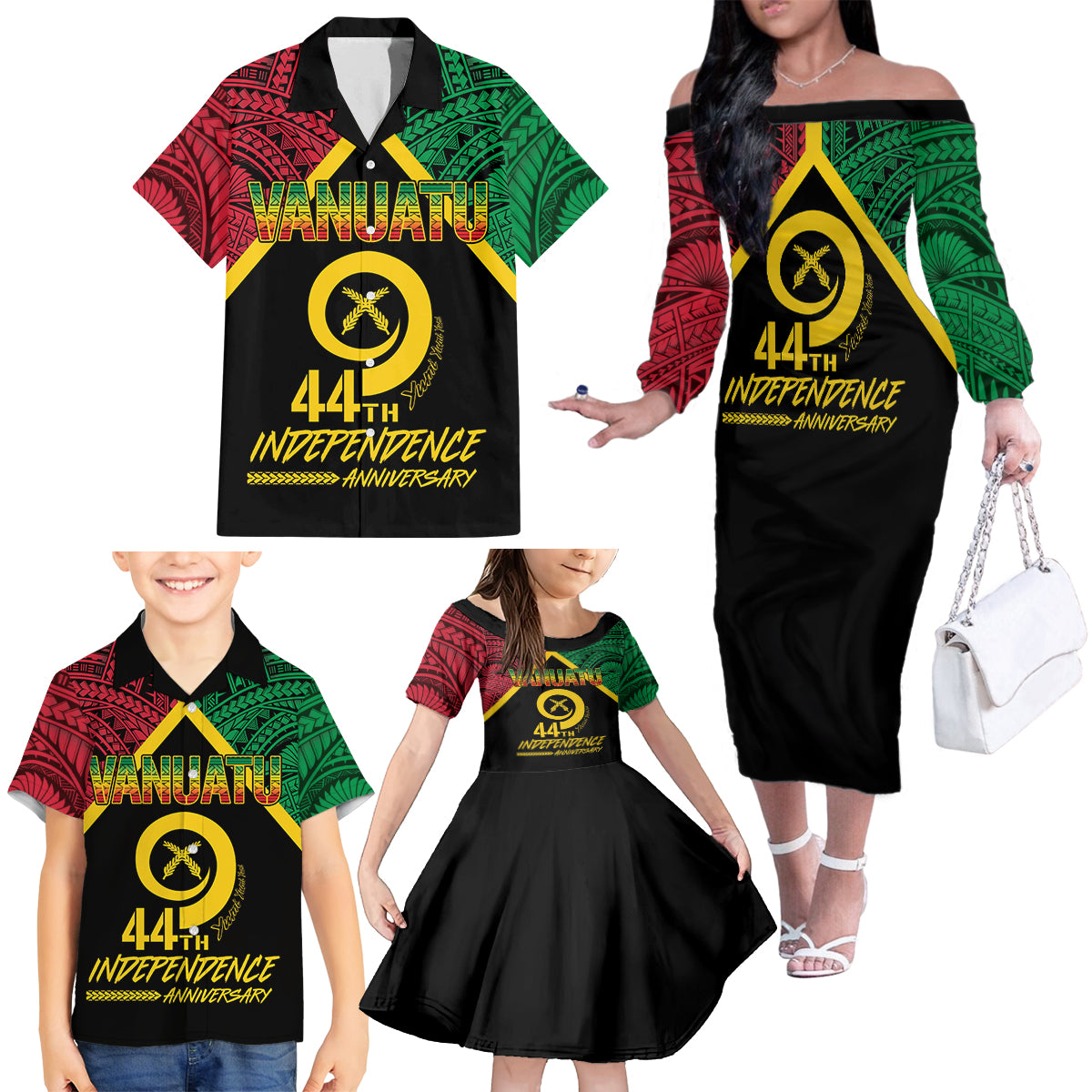 Vanuatu 44th Independence Anniversary Family Matching Off The Shoulder Long Sleeve Dress and Hawaiian Shirt LT7 - Polynesian Pride