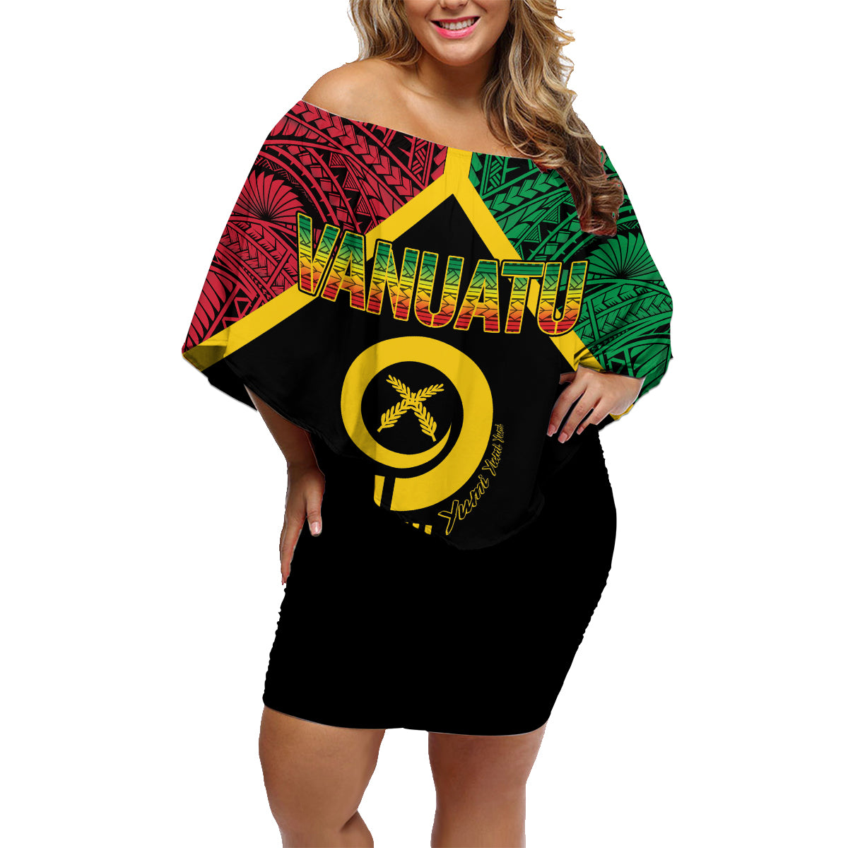 Vanuatu 44th Independence Anniversary Family Matching Off Shoulder Short Dress and Hawaiian Shirt LT7 Mom's Dress Colorful - Polynesian Pride