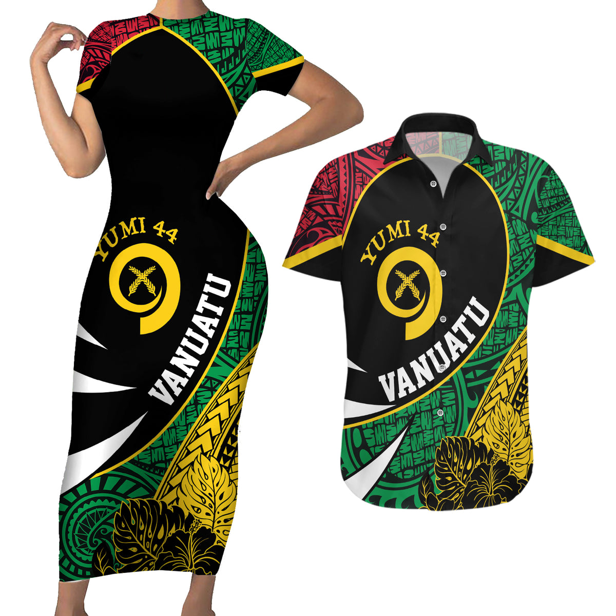 Vanuatu Independence Day Yumi 44 Couples Matching Short Sleeve Bodycon Dress and Hawaiian Shirt LT7 Colorful - Polynesian Pride