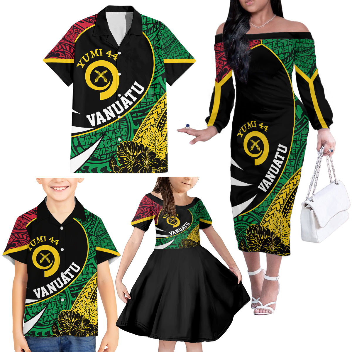 Vanuatu Independence Day Yumi 44 Family Matching Off The Shoulder Long Sleeve Dress and Hawaiian Shirt LT7 - Polynesian Pride