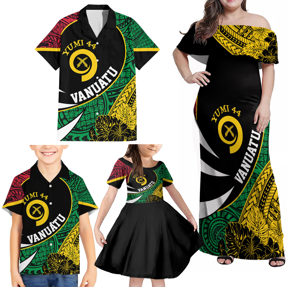 Vanuatu Independence Day Yumi 44 Family Matching Off Shoulder Maxi Dress and Hawaiian Shirt LT7 - Polynesian Pride