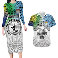 Malampa Fiji Day Couples Matching Long Sleeve Bodycon Dress and Hawaiian Shirt Gradient Style LT7 White - Polynesian Pride