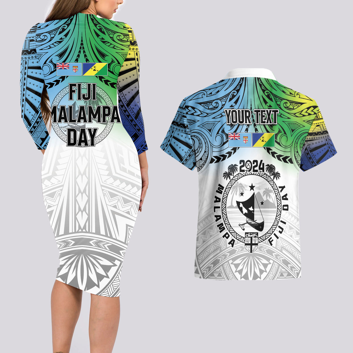 Malampa Fiji Day Couples Matching Long Sleeve Bodycon Dress and Hawaiian Shirt Gradient Style LT7 - Polynesian Pride