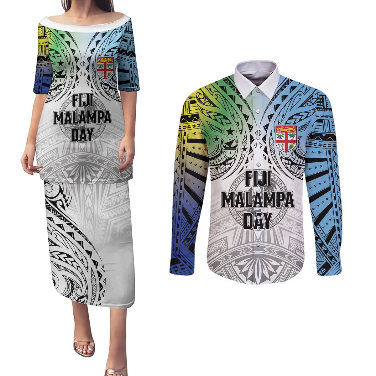 Malampa Fiji Day Couples Matching Puletasi and Long Sleeve Button Shirt Gradient Style LT7 White - Polynesian Pride