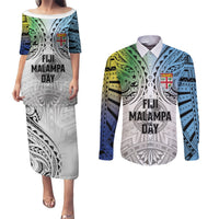 Malampa Fiji Day Couples Matching Puletasi and Long Sleeve Button Shirt Gradient Style LT7 White - Polynesian Pride