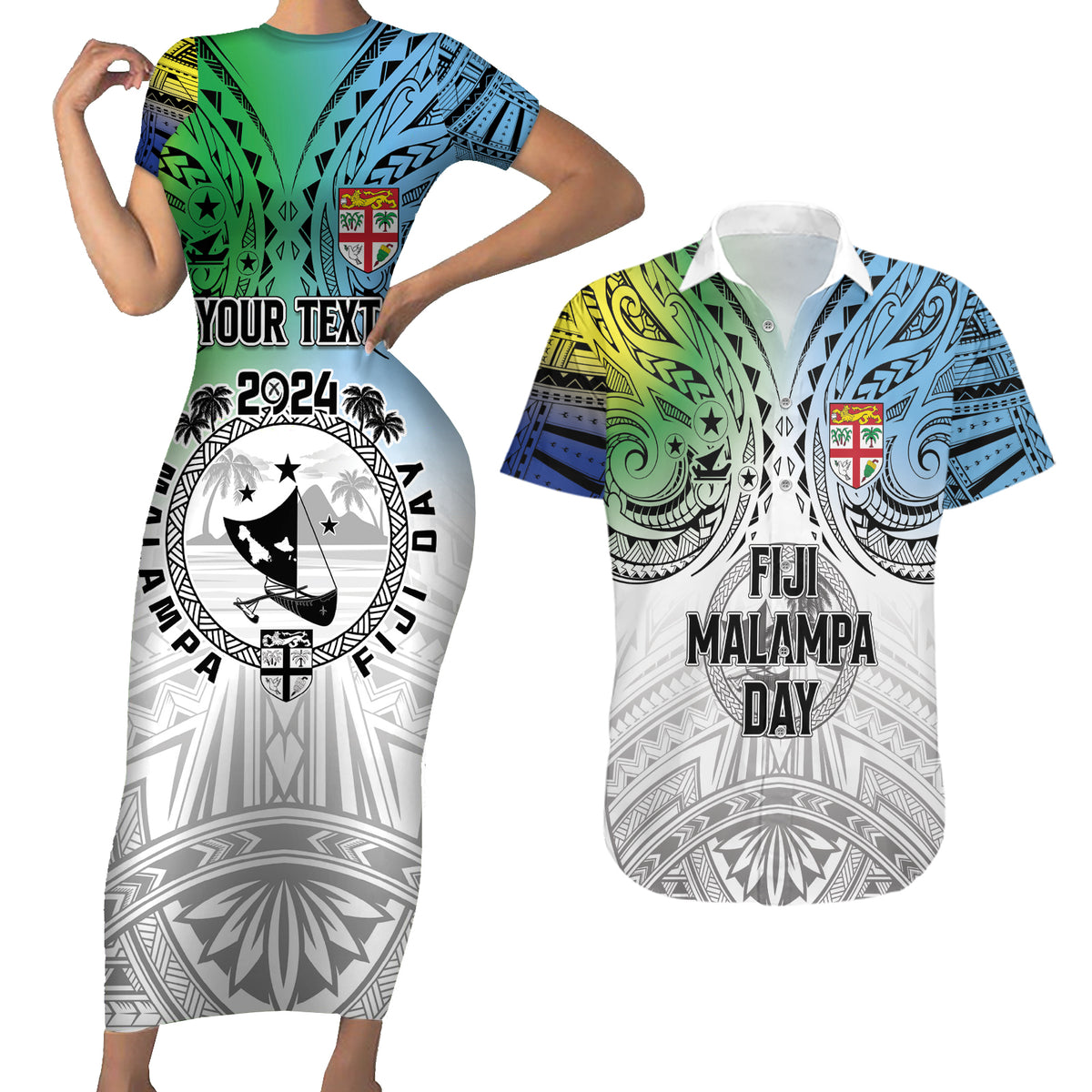 Malampa Fiji Day Couples Matching Short Sleeve Bodycon Dress and Hawaiian Shirt Gradient Style LT7 White - Polynesian Pride