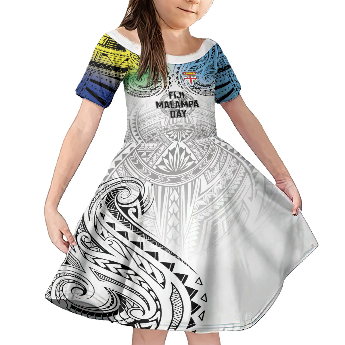 Malampa Fiji Day Family Matching Long Sleeve Bodycon Dress and Hawaiian Shirt Gradient Style LT7 Daughter's Dress White - Polynesian Pride