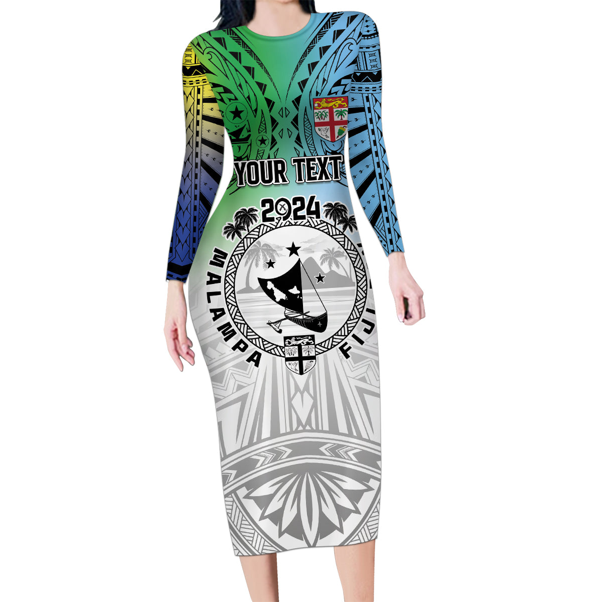 Malampa Fiji Day Family Matching Long Sleeve Bodycon Dress and Hawaiian Shirt Gradient Style LT7 Mom's Dress White - Polynesian Pride