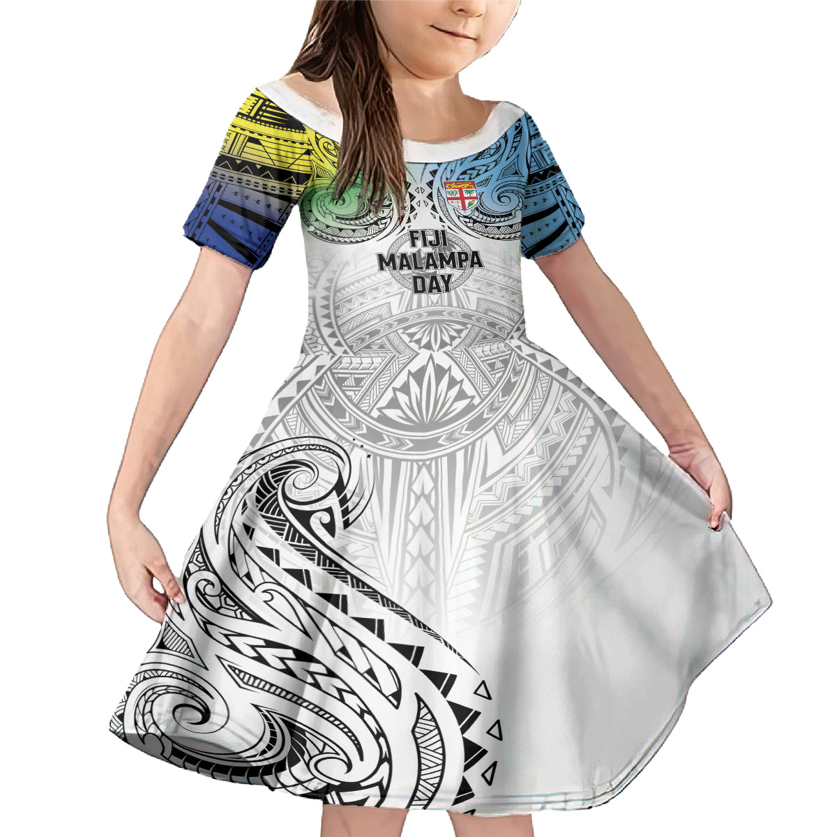 Malampa Fiji Day Family Matching Mermaid Dress and Hawaiian Shirt Gradient Style LT7 Daughter's Dress White - Polynesian Pride