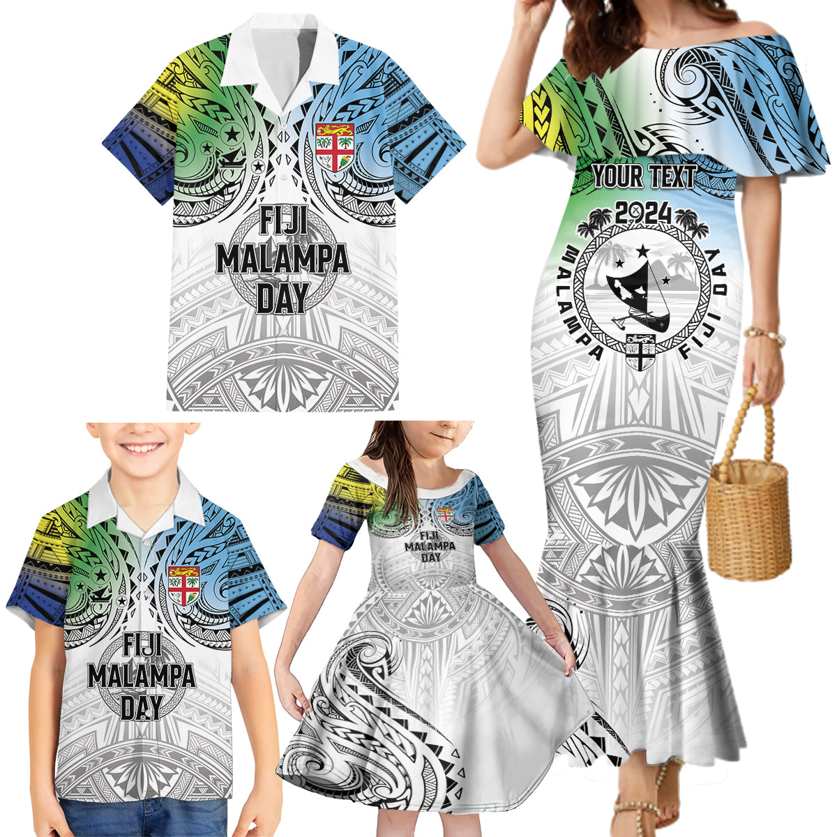 Malampa Fiji Day Family Matching Mermaid Dress and Hawaiian Shirt Gradient Style LT7 - Polynesian Pride
