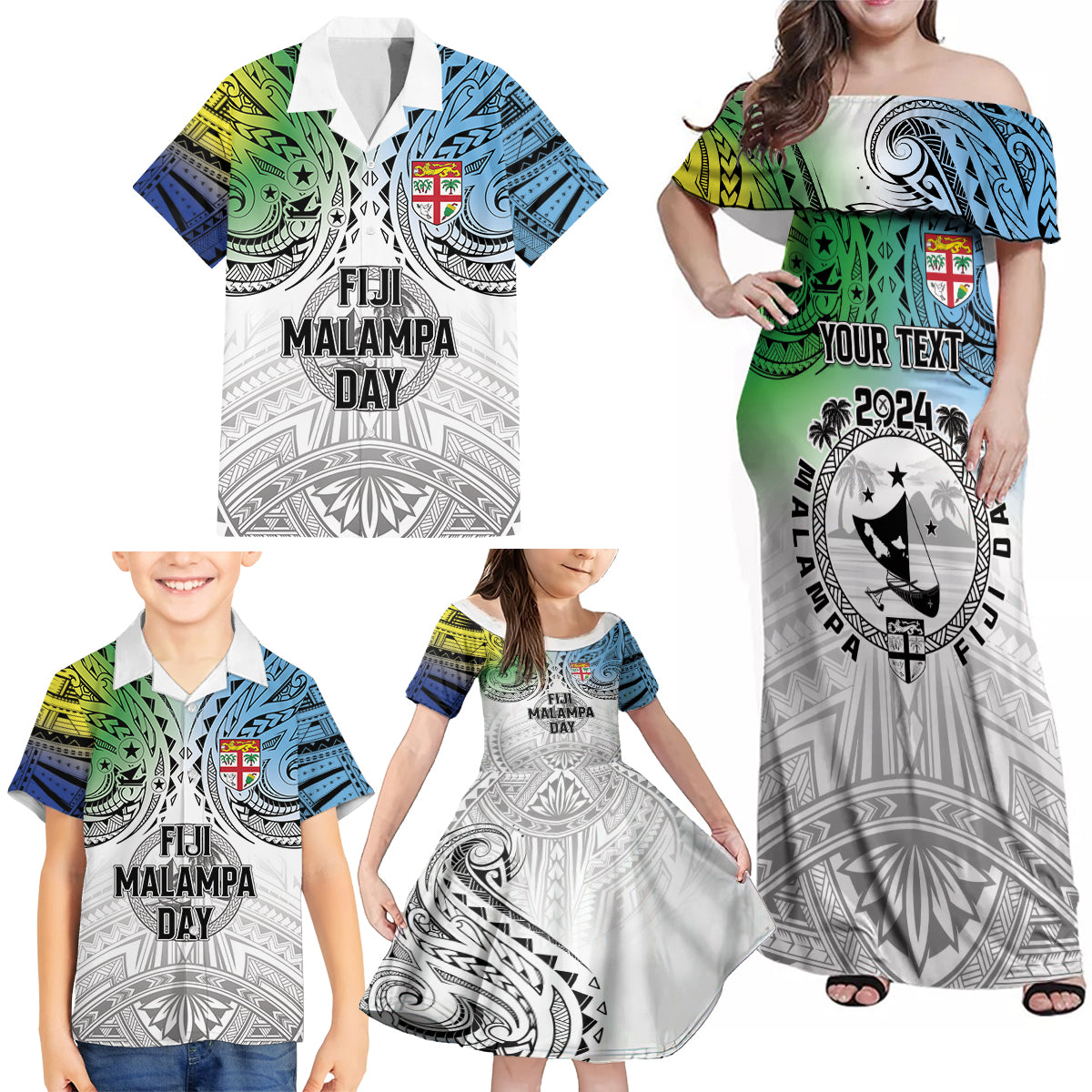 Malampa Fiji Day Family Matching Off Shoulder Maxi Dress and Hawaiian Shirt Gradient Style LT7 - Polynesian Pride
