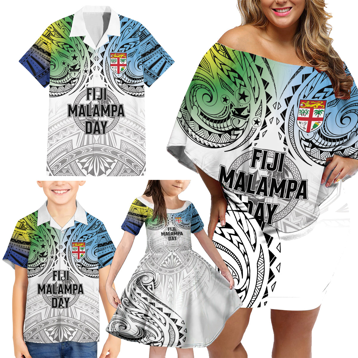 Malampa Fiji Day Family Matching Off Shoulder Short Dress and Hawaiian Shirt Gradient Style LT7 - Polynesian Pride