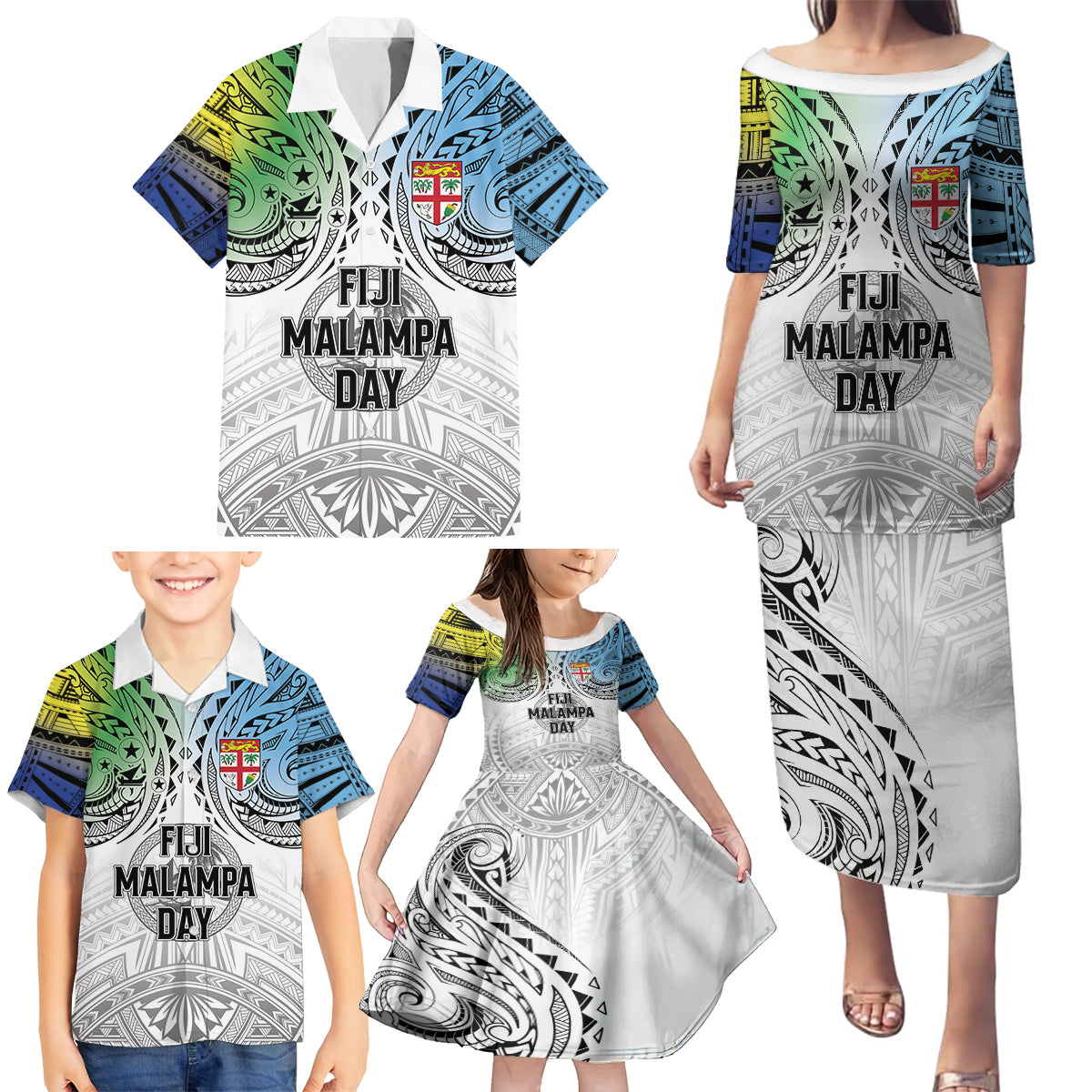 Malampa Fiji Day Family Matching Puletasi and Hawaiian Shirt Gradient Style LT7 - Polynesian Pride