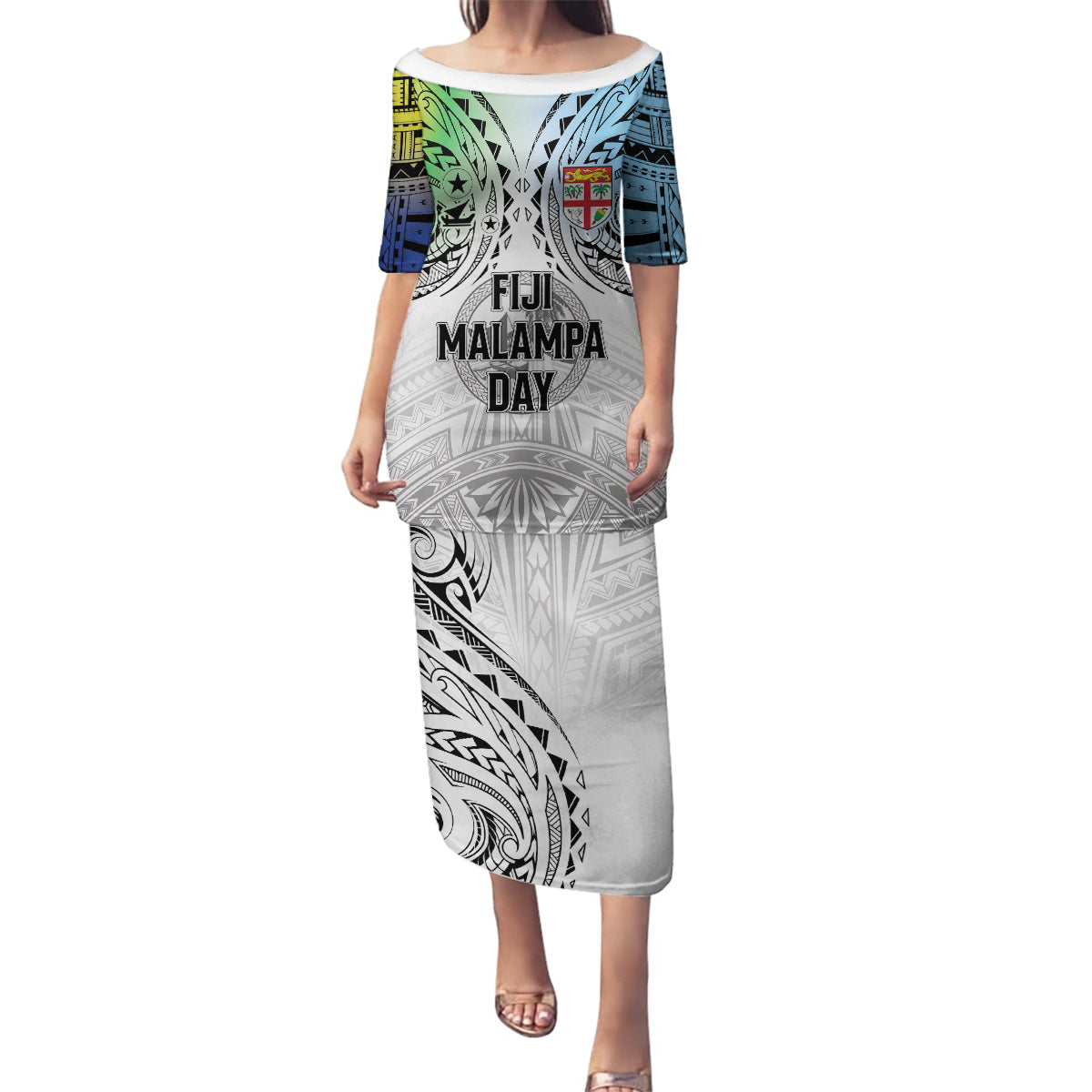Malampa Fiji Day Family Matching Puletasi and Hawaiian Shirt Gradient Style LT7 Mom's Dress White - Polynesian Pride