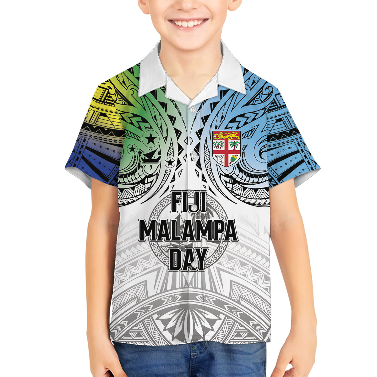 Malampa Fiji Day Family Matching Tank Maxi Dress and Hawaiian Shirt Gradient Style LT7 Son's Shirt White - Polynesian Pride