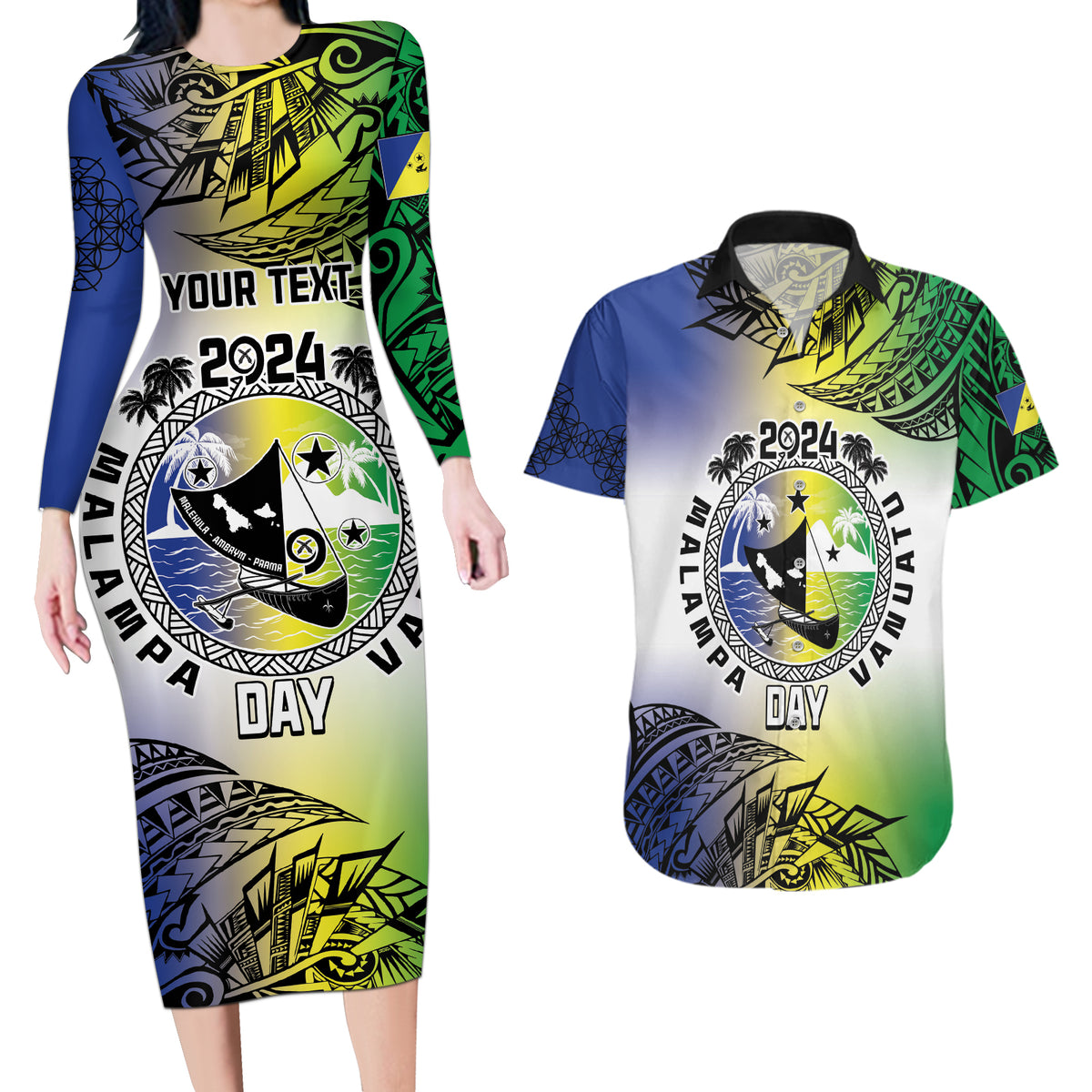 Malampa Day Couples Matching Long Sleeve Bodycon Dress and Hawaiian Shirt Emblem Gradient Style LT7 Colorful - Polynesian Pride