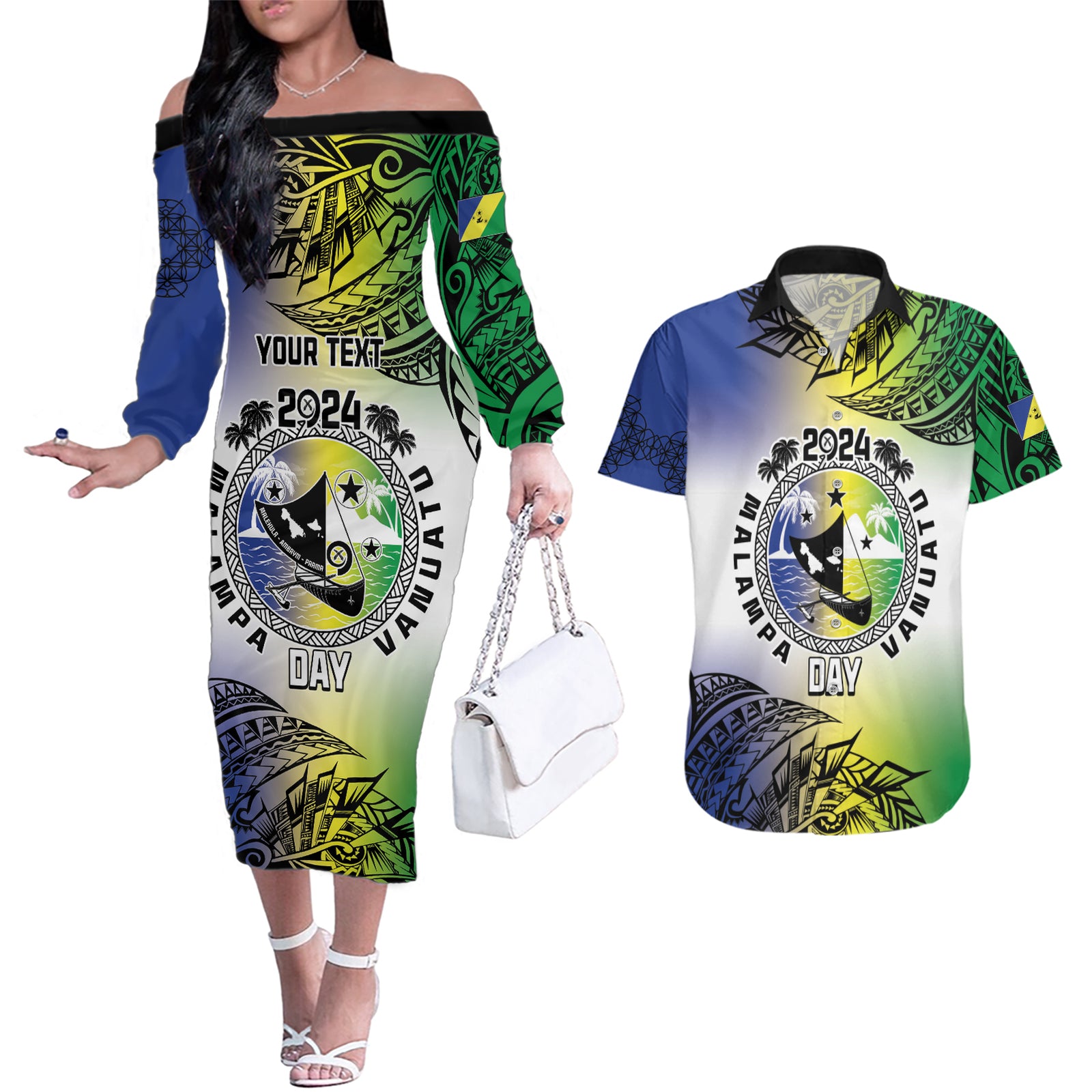 Malampa Day Couples Matching Off The Shoulder Long Sleeve Dress and Hawaiian Shirt Emblem Gradient Style