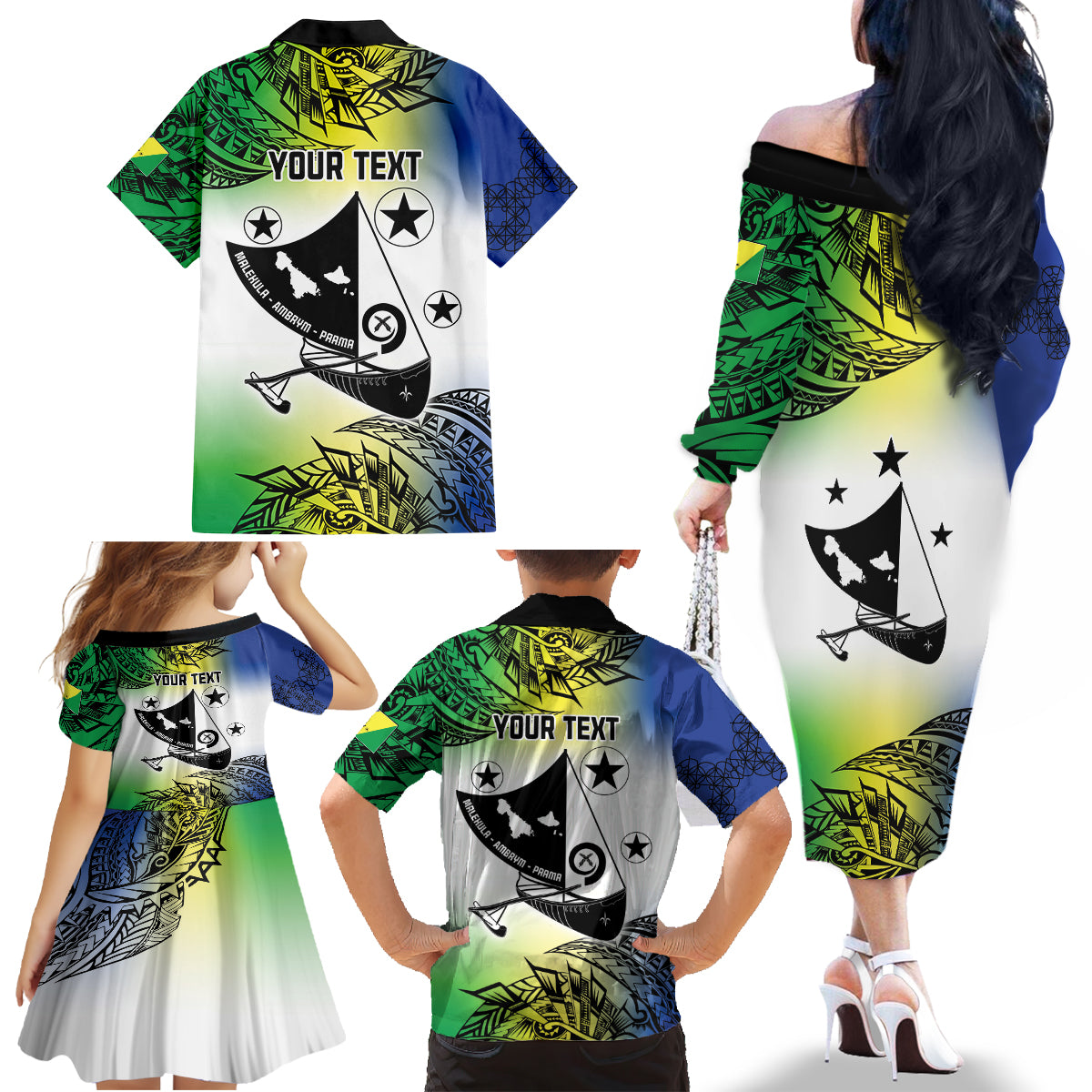 Malampa Day Family Matching Off The Shoulder Long Sleeve Dress and Hawaiian Shirt Emblem Gradient Style LT7 - Polynesian Pride