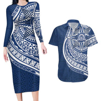 Tonga Queen Salote College Personalized Couples Matching Long Sleeve Bodycon Dress and Hawaiian Shirt Ngatu Tokelaufeletoa Motifs LT7 Navy Blue - Polynesian Pride