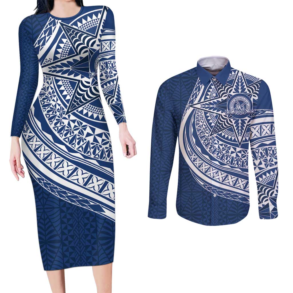 Tonga Queen Salote College Personalized Couples Matching Long Sleeve Bodycon Dress and Long Sleeve Button Shirt Ngatu Tokelaufeletoa Motifs LT7 Navy Blue - Polynesian Pride
