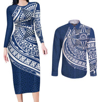 Tonga Queen Salote College Personalized Couples Matching Long Sleeve Bodycon Dress and Long Sleeve Button Shirt Ngatu Tokelaufeletoa Motifs LT7 Navy Blue - Polynesian Pride