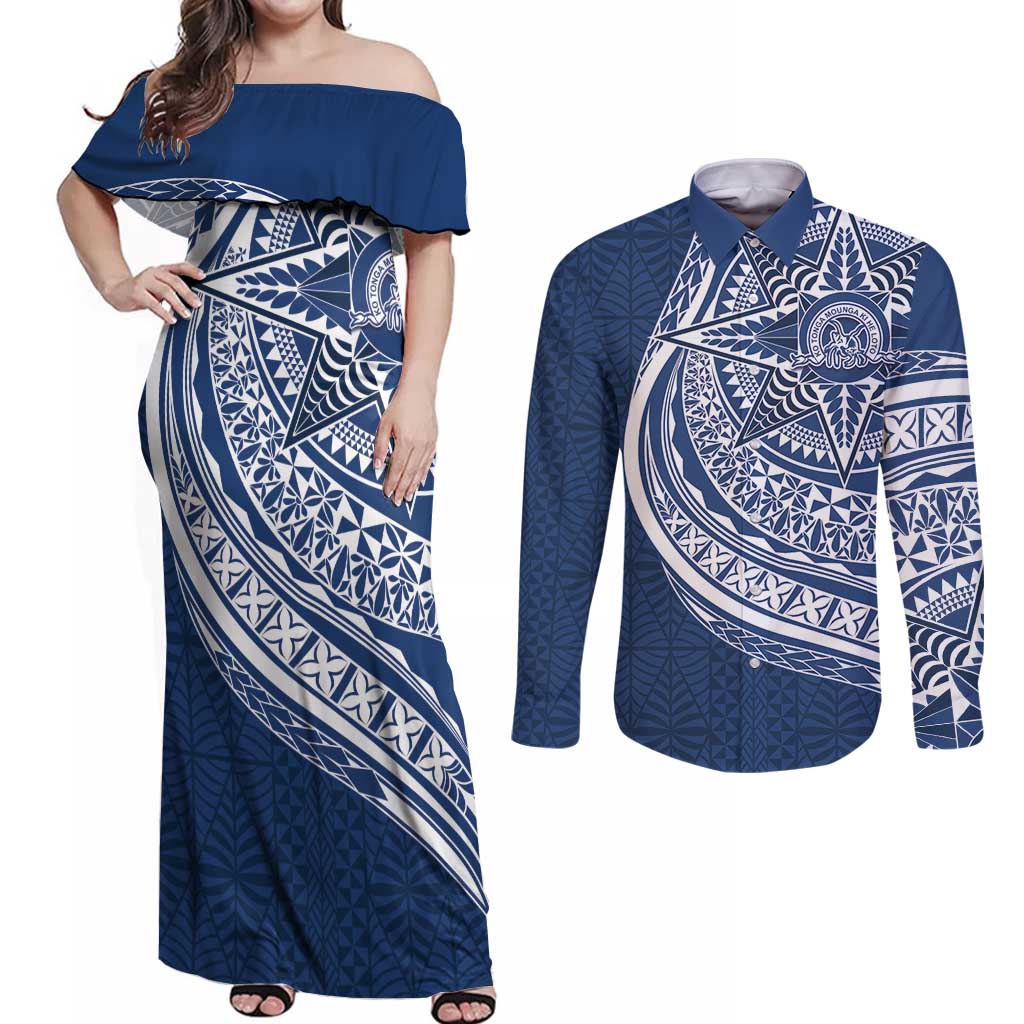 Tonga Queen Salote College Personalized Couples Matching Off Shoulder Maxi Dress and Long Sleeve Button Shirt Ngatu Tokelaufeletoa Motifs LT7 Navy Blue - Polynesian Pride