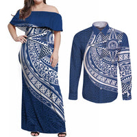 Tonga Queen Salote College Personalized Couples Matching Off Shoulder Maxi Dress and Long Sleeve Button Shirt Ngatu Tokelaufeletoa Motifs LT7 Navy Blue - Polynesian Pride