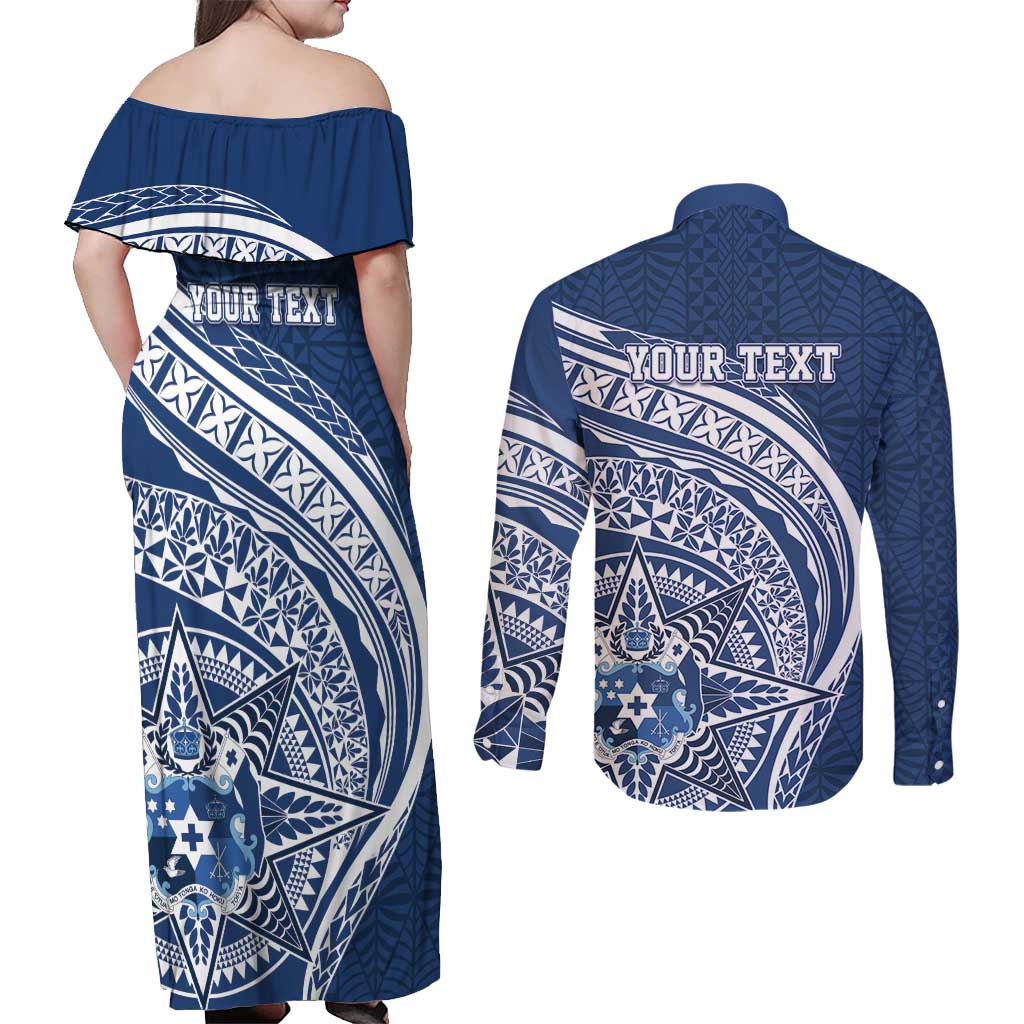 Tonga Queen Salote College Personalized Couples Matching Off Shoulder Maxi Dress and Long Sleeve Button Shirt Ngatu Tokelaufeletoa Motifs LT7 - Polynesian Pride