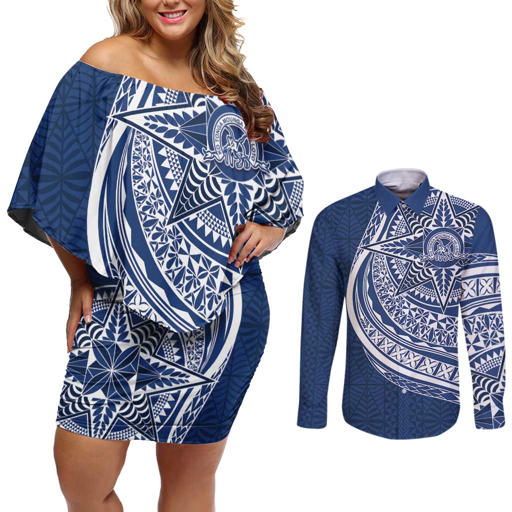 Tonga Queen Salote College Personalized Couples Matching Off Shoulder Short Dress and Long Sleeve Button Shirt Ngatu Tokelaufeletoa Motifs LT7 Navy Blue - Polynesian Pride