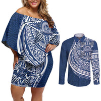 Tonga Queen Salote College Personalized Couples Matching Off Shoulder Short Dress and Long Sleeve Button Shirt Ngatu Tokelaufeletoa Motifs LT7 Navy Blue - Polynesian Pride