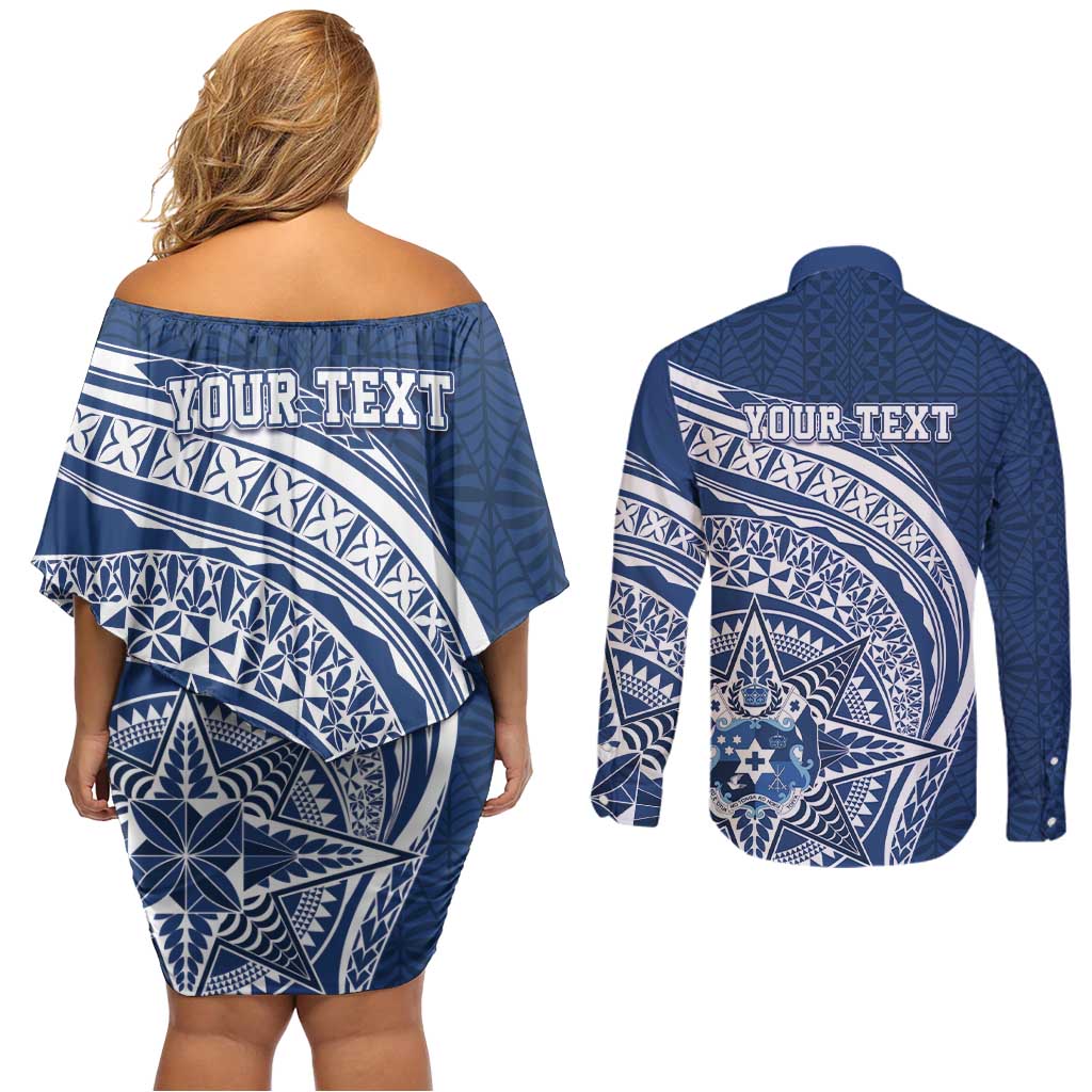 Tonga Queen Salote College Personalized Couples Matching Off Shoulder Short Dress and Long Sleeve Button Shirt Ngatu Tokelaufeletoa Motifs LT7 - Polynesian Pride