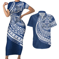Tonga Queen Salote College Personalized Couples Matching Short Sleeve Bodycon Dress and Hawaiian Shirt Ngatu Tokelaufeletoa Motifs LT7 Navy Blue - Polynesian Pride