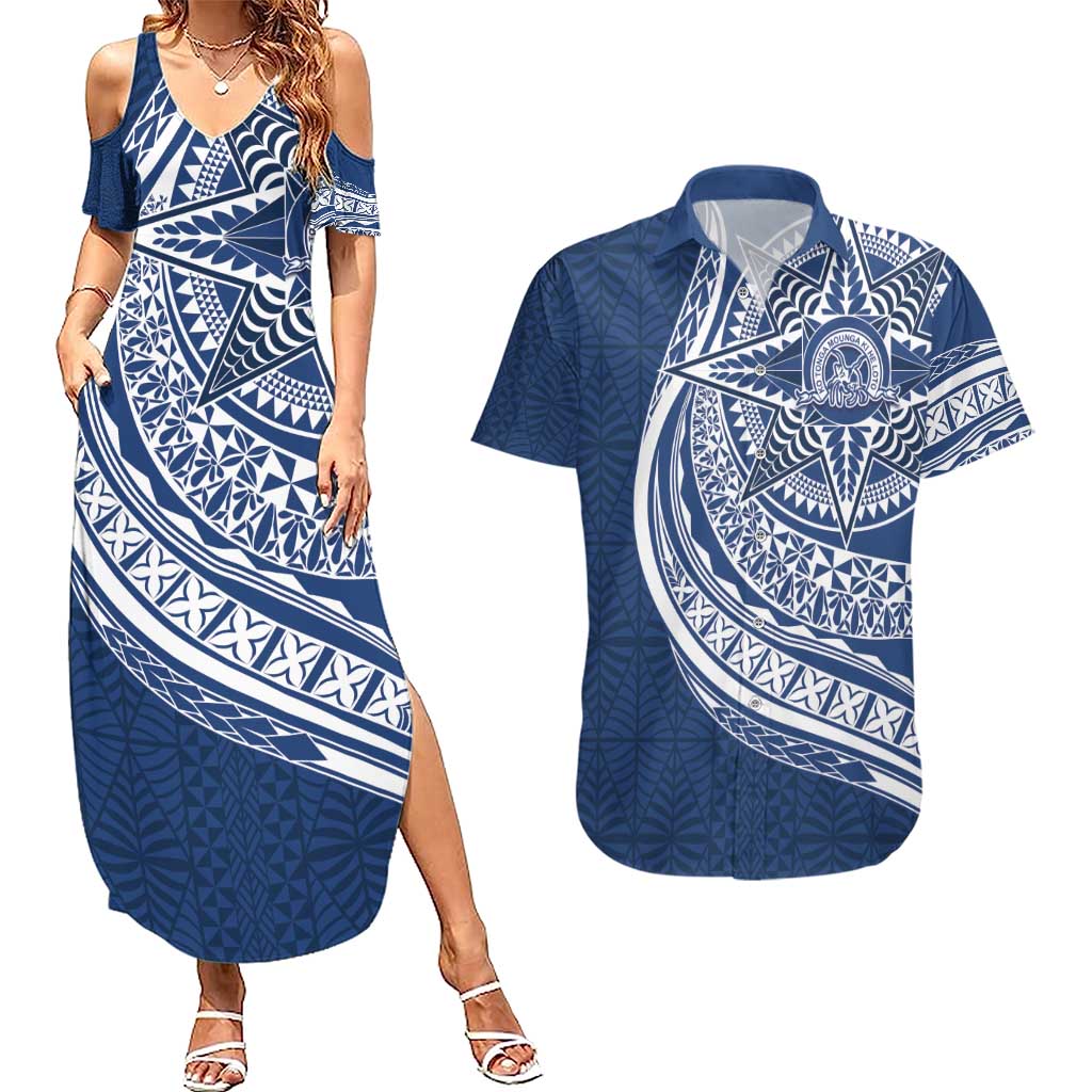 Tonga Queen Salote College Personalized Couples Matching Summer Maxi Dress and Hawaiian Shirt Ngatu Tokelaufeletoa Motifs LT7 Navy Blue - Polynesian Pride
