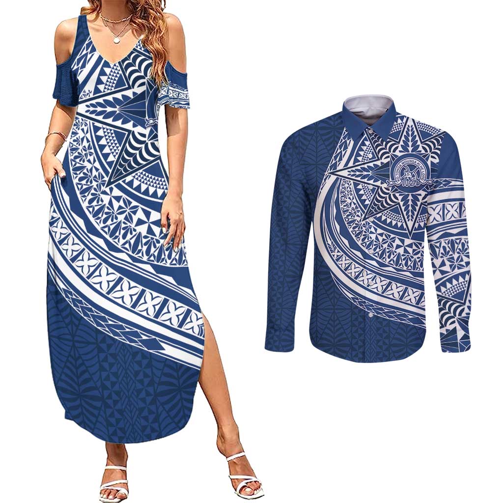Tonga Queen Salote College Personalized Couples Matching Summer Maxi Dress and Long Sleeve Button Shirt Ngatu Tokelaufeletoa Motifs LT7 Navy Blue - Polynesian Pride