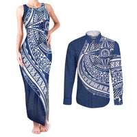 Tonga Queen Salote College Personalized Couples Matching Tank Maxi Dress and Long Sleeve Button Shirt Ngatu Tokelaufeletoa Motifs LT7 Navy Blue - Polynesian Pride