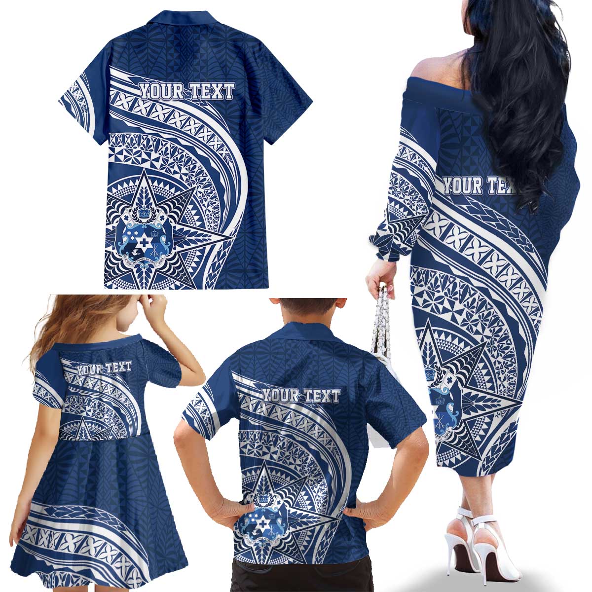 Tonga Queen Salote College Personalized Family Matching Off The Shoulder Long Sleeve Dress and Hawaiian Shirt Ngatu Tokelaufeletoa Motifs LT7 - Polynesian Pride