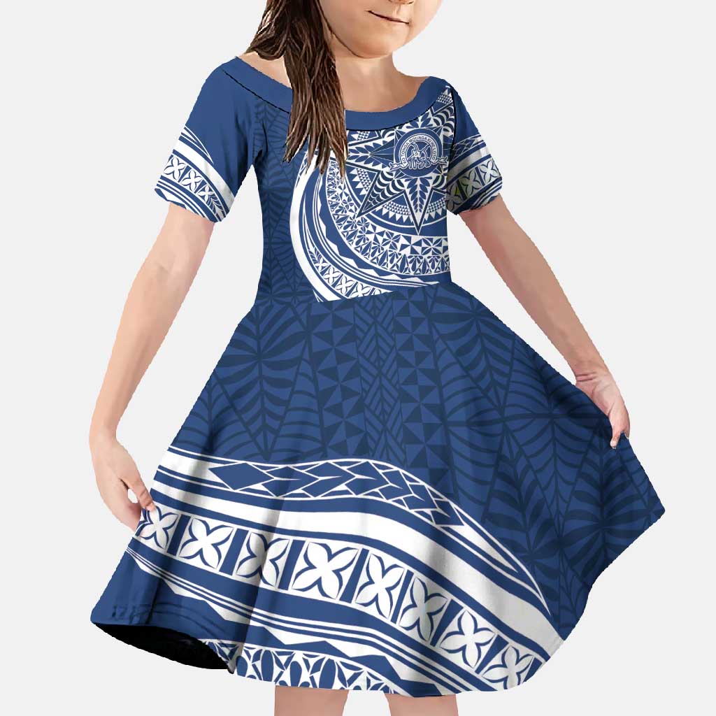 Tonga Queen Salote College Personalized Family Matching Off Shoulder Maxi Dress and Hawaiian Shirt Ngatu Tokelaufeletoa Motifs LT7 Daughter's Dress Navy Blue - Polynesian Pride