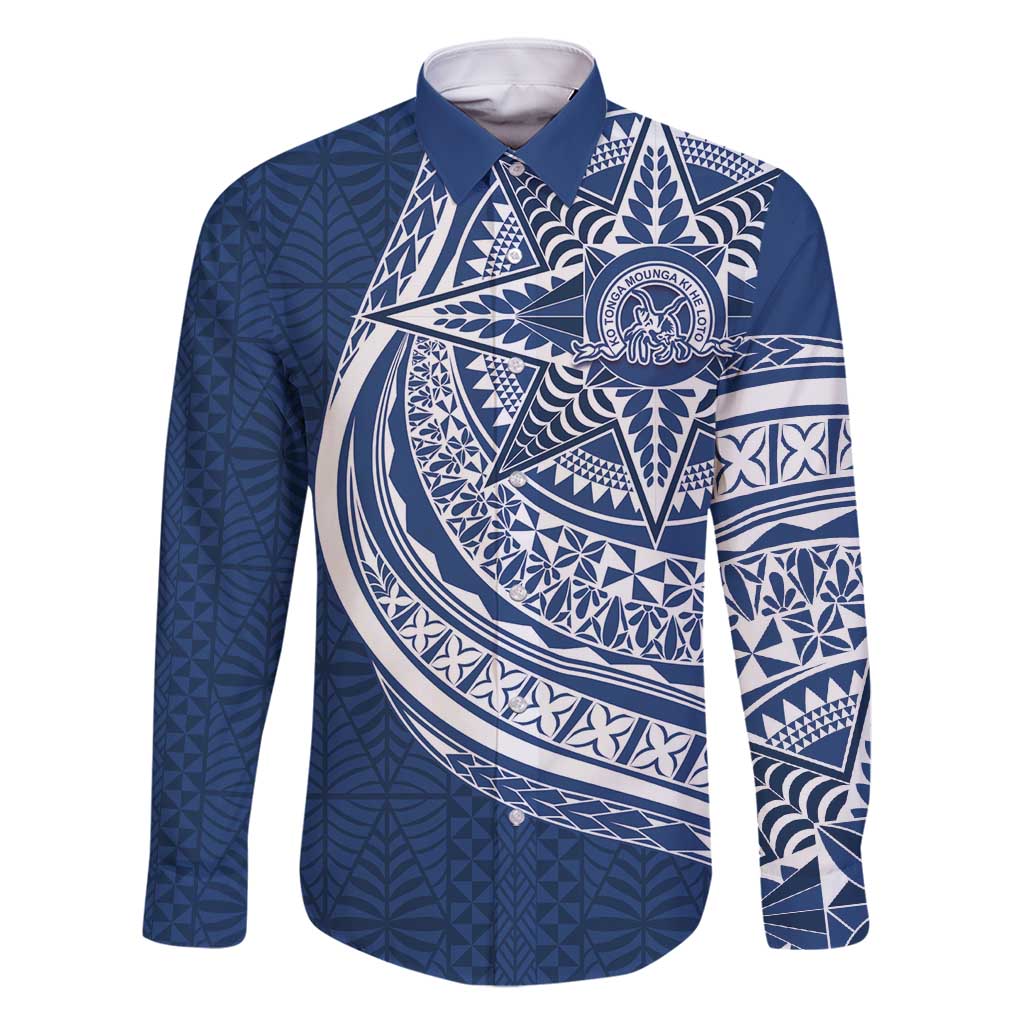 Tonga Queen Salote College Personalized Family Matching Off Shoulder Short Dress and Hawaiian Shirt Ngatu Tokelaufeletoa Motifs LT7 Dad's Shirt - Long Sleeve Navy Blue - Polynesian Pride