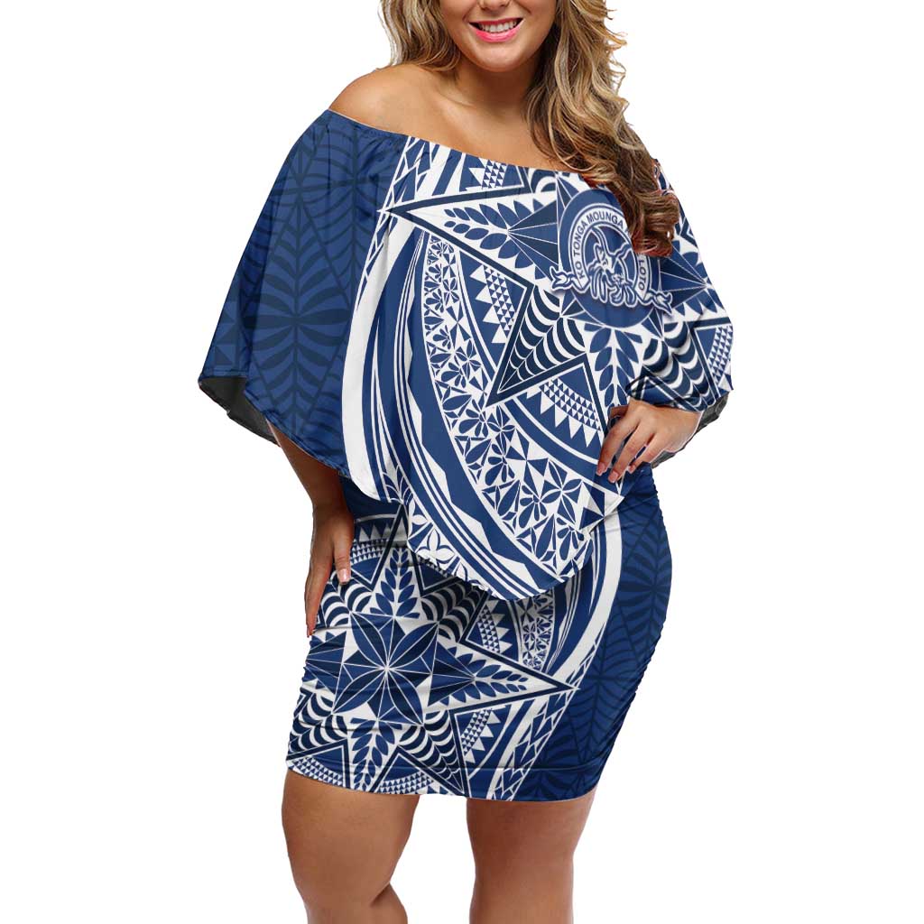 Tonga Queen Salote College Personalized Family Matching Off Shoulder Short Dress and Hawaiian Shirt Ngatu Tokelaufeletoa Motifs LT7 Mom's Dress Navy Blue - Polynesian Pride