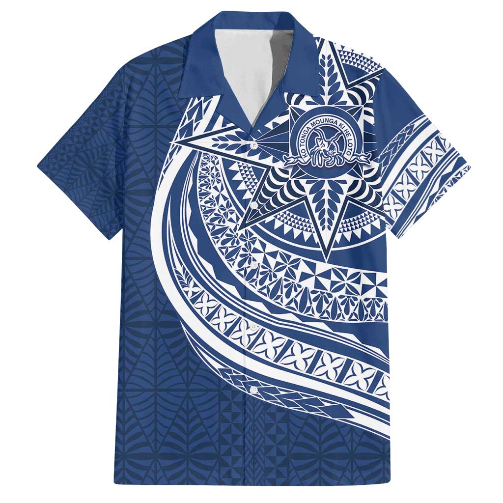 Tonga Queen Salote College Personalized Family Matching Puletasi and Hawaiian Shirt Ngatu Tokelaufeletoa Motifs LT7 Dad's Shirt - Short Sleeve Navy Blue - Polynesian Pride